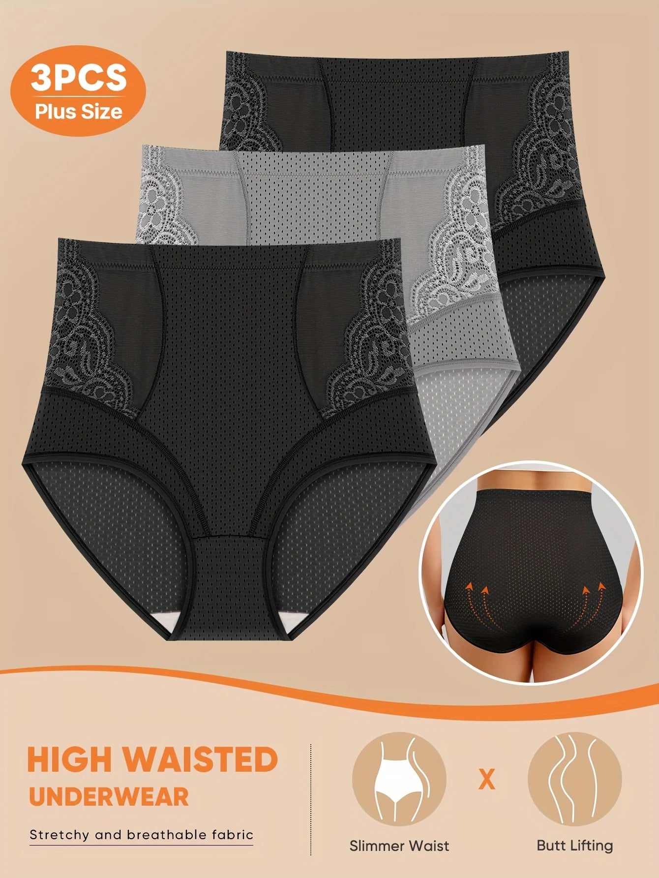 3pcs Braguita tipo boyshort para mujer – tallas grandes (1XL a 5XL)