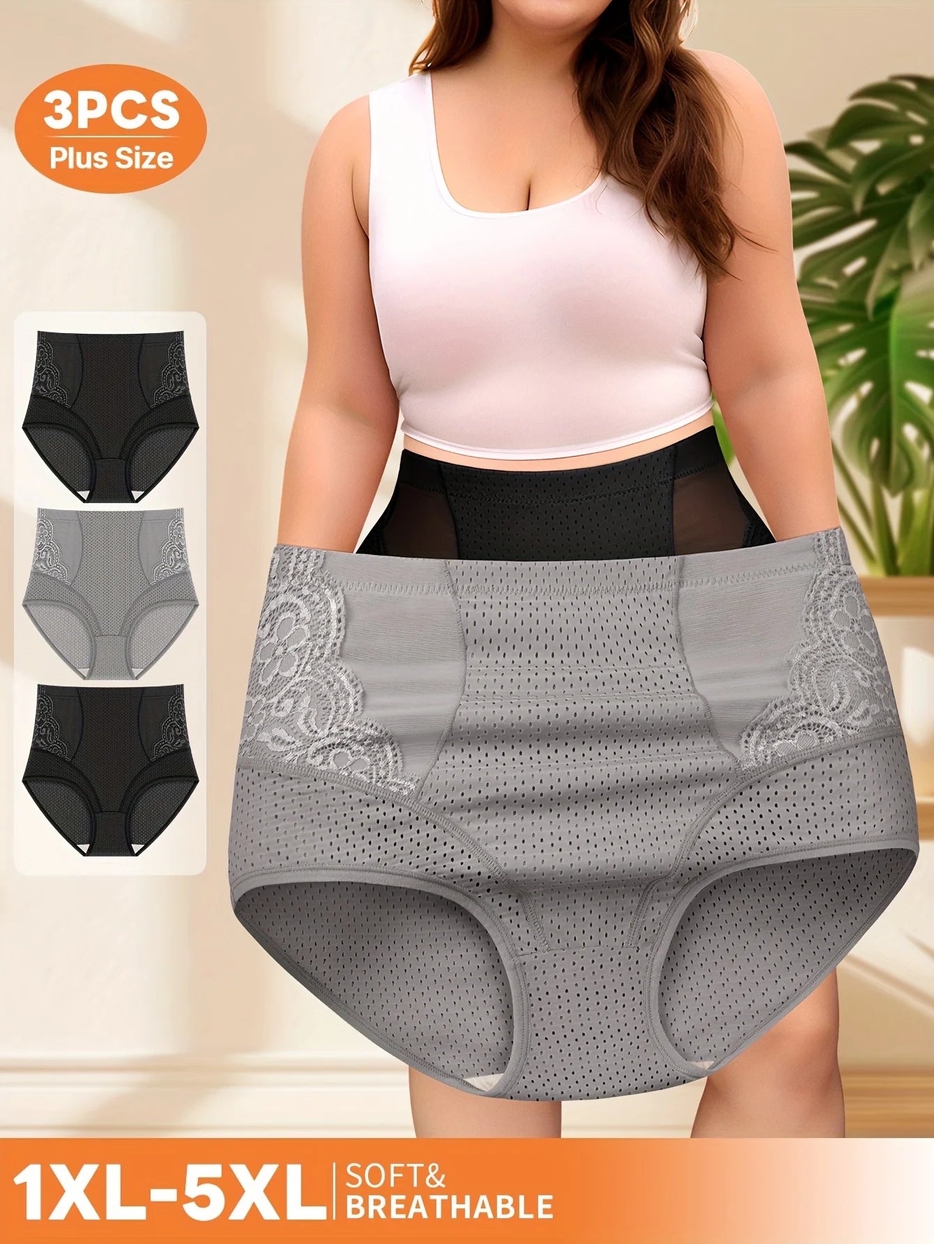 3pcs Braguita tipo boyshort para mujer – tallas grandes (1XL a 5XL)