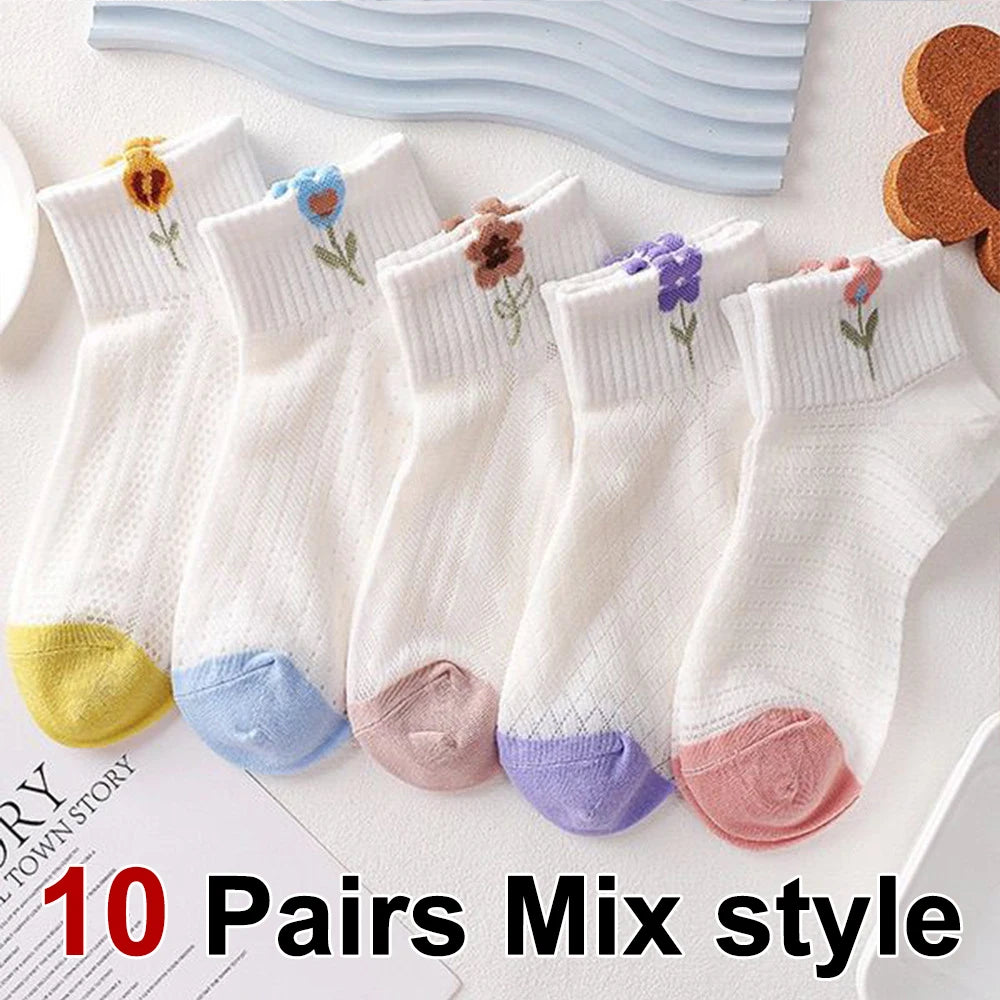 Pack de 5/10 pares de calcetines florales para mujer – transpirables y ligeros