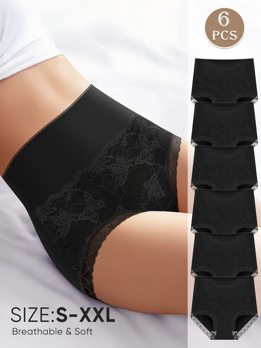 6 pcs | Braguitas de Algodón – Cintura Alta con Encaje