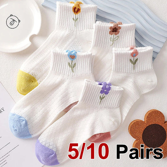 Pack de 5/10 pares de calcetines florales para mujer – transpirables y ligeros